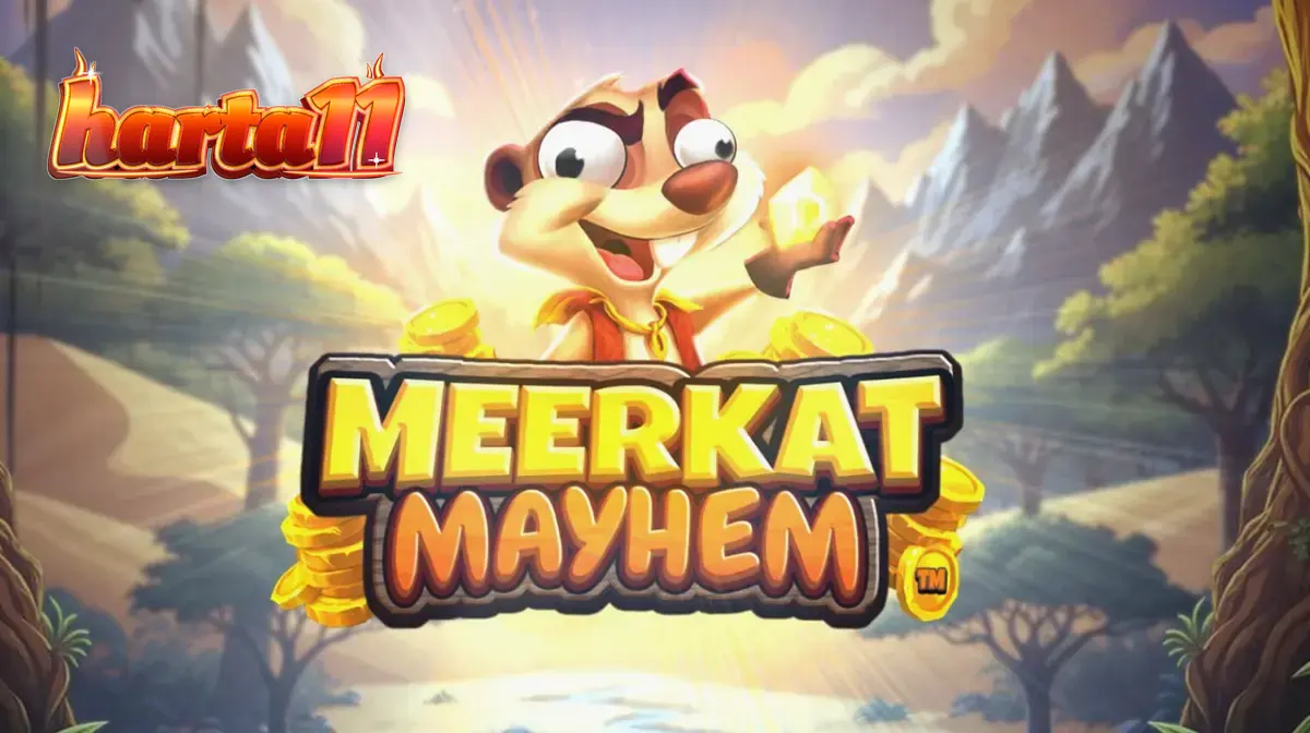 Pemandangan gurun misterius dengan elemen petualangan dalam slot Meerkat Mayhem